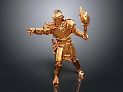 Detailed Golden Knight Statue Holding Torch In Pointing Stance On Dark Surface 3d model