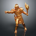 Detailed Golden Knight Statue Holding Torch In Pointing Stance On Dark Surface