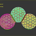 Three Honeycomb Patterned Spheres With Golden Frames And Transparent Interior On Reflective Surface