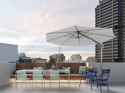 Home Balcony With White Umbrella Blue Chairs Table And City Sunset View 3d model