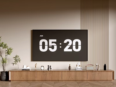 Wooden TV Stand With TV Decorative Items And Plants Near Wooden Slat Decor 3d model