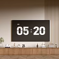 Wooden TV Stand With TV Decorative Items And Plants Near Wooden Slat Decor