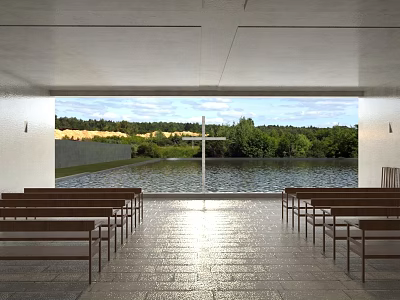 Religious Sanctuary Interior With Wooden Benches Viewing Cross Over Trees And Water 3d model