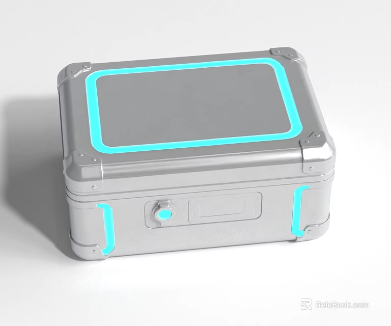 Silver Metallic Equipment Case With Blue Glowing Edges And Secure Lock 3d model 