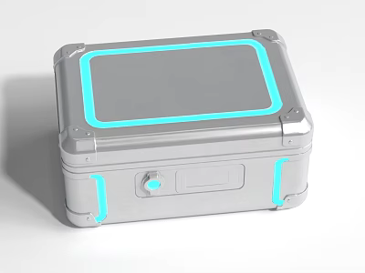 Silver Metallic Equipment Case With Blue Glowing Edges And Secure Lock 3d model