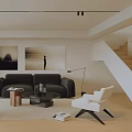 Modern Living Room Design With Black Sofa White Accent Chairs Area Rug And Wall Art