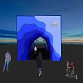 People Exploring Blue Wavy Archway Installation With Sky And Mountain Background 3d model