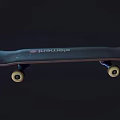 Sports Equipment Skateboard with Circular Logo Pink Black Graphics Blue Trucks and Beige Wheels