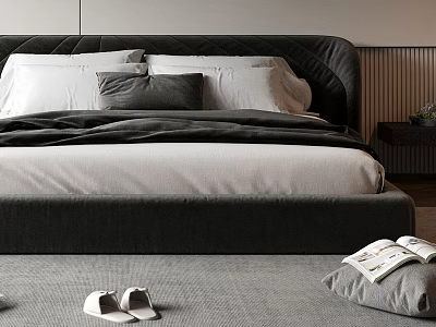 Modern Double Bed With Black Upholstered Headboard White Pillows And Bedroom Decor 3d model