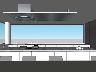 Modern Open Kitchen Interior With Cabinets Stove Range Hood And Large Window 3d model