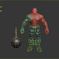 Muscular Game Character With Mechanical Arm Striped Pants And Iron Ball Weapon