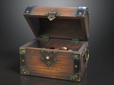 Vintage Solid Wood Treasure Chest With Antique Metal Hardware And Hidden Precious Jewels Inside 3d model