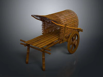 Vintage Traditional Bamboo Handcart With Canopy Wheel And Wooden Seat Design 3d model