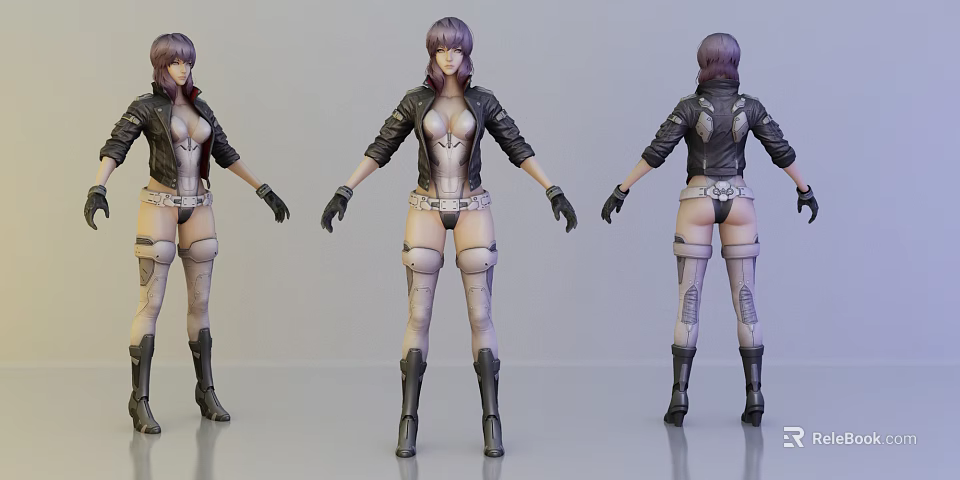 Game Movie Character Three Quarter Views Black Leather Jacket Mechanical Legs Short Purple Hair 3d model 