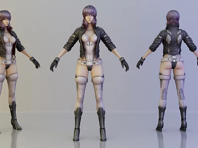 Game Movie Character Three Quarter Views Black Leather Jacket Mechanical Legs Short Purple Hair 3d model