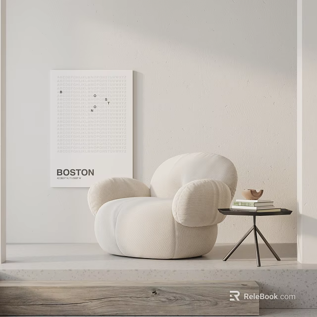 Rounded Cream Armchair In Minimalist Modern Space With Side Table Books Bowl And Boston Poster 3d model 