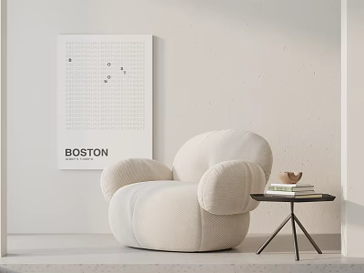 Rounded Cream Armchair In Minimalist Modern Space With Side Table Books Bowl And Boston Poster 3d model