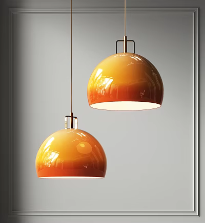 Two Modern Orange Glossy Spherical Pendant Lights Illuminated on Gray Background 3d model