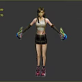 Woman with white crop top black skirt black gloves holding colorful weapons and red sneakers