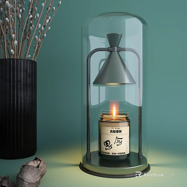 Modern Minimalist Decorative Ornament Set With Glass Cloche Candle Black Vase And Reeds 3d model 