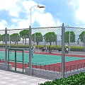 Kindergarten Outdoor Tennis Court With Fenced Area Lampposts And Green Playground
