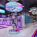Modern Mall Interior With Purple Neon Lights Vending Machines And Shops Decoration