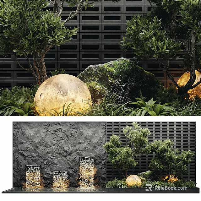 Indoor Landscape With Luminous Moon Orbs Greenery Rocks Gray Textured Wall And Small Trees 3d model 