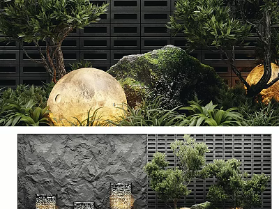 Indoor Landscape With Luminous Moon Orbs Greenery Rocks Gray Textured Wall And Small Trees 3d model