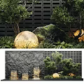 Indoor Landscape With Luminous Moon Orbs Greenery Rocks Gray Textured Wall And Small Trees