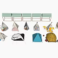 Various Tents with Hanging and Geometric Designs for Outdoor Camping Use