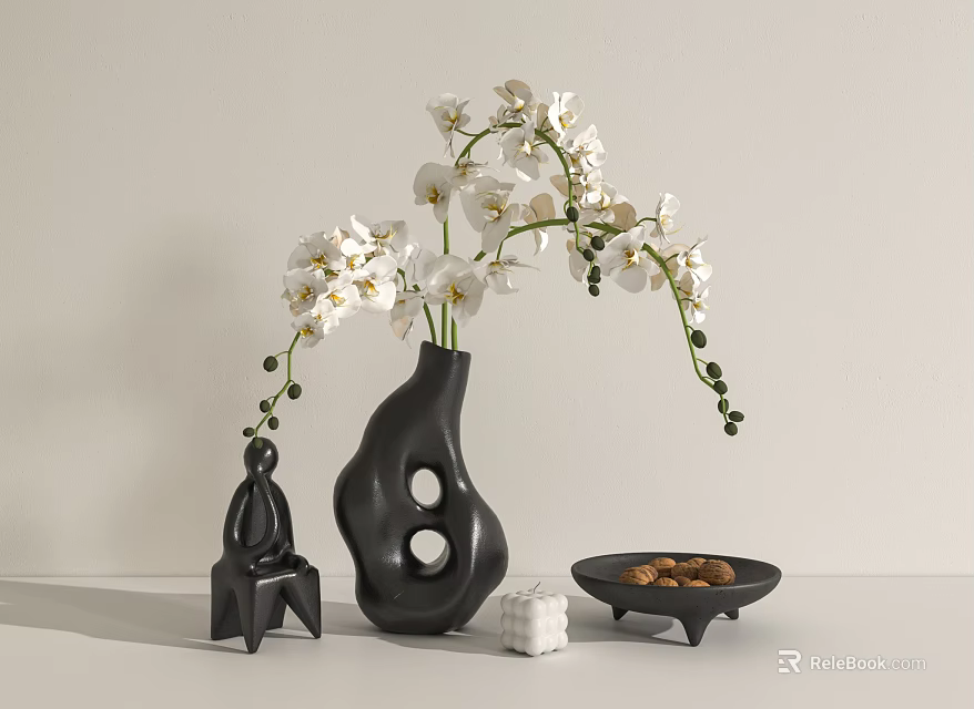 Black Irregular Shaped Vase with White Orchids and Decorative Items in Minimalist Modern Light Background 3d model 