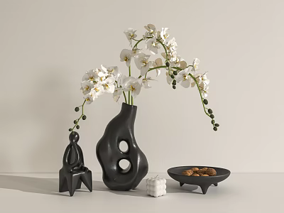 Black Irregular Shaped Vase with White Orchids and Decorative Items in Minimalist Modern Light Background 3d model