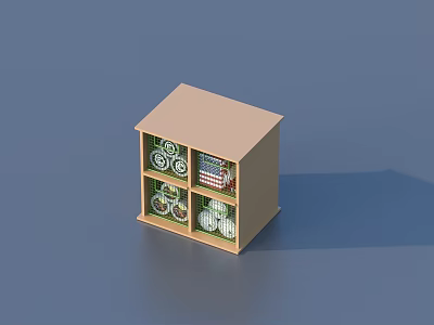 Beige Wooden Storage Cabinet for Household Items with Four Compartments and Organized Bins 3d model
