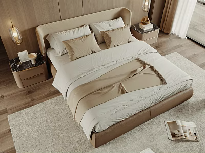 Modern Double Bed with Upholstered Headboard Beige Pillows and Throw Blanket on Light Rug 3d model