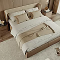 Modern Double Bed with Upholstered Headboard Beige Pillows and Throw Blanket on Light Rug