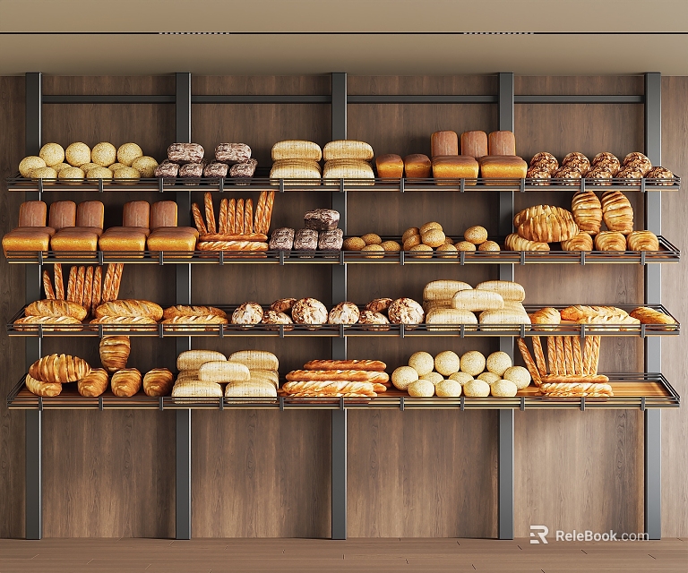 Variety of Assorted Fresh Breads Displayed on Metal Shelves with Wooden Background 3d model 
