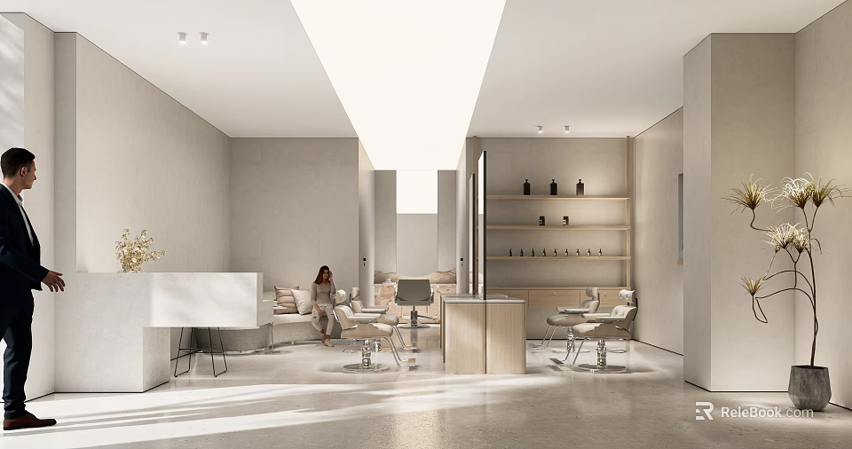 Modern Minimalist Beauty Hair Salon Interior Design With Reception Counter Client Chairs And Product Shelves 3d model 