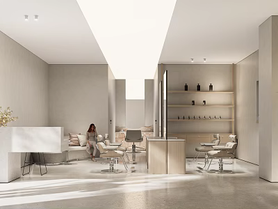 Modern Minimalist Beauty Hair Salon Interior Design With Reception Counter Client Chairs And Product Shelves 3d model