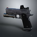 Modern Tactical Pistol Featuring Silencer Attachment Top Mounted Sight And Black Grip