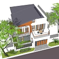 Modern Single Family House With Wooden Siding Stone Wall Balcony Glass Doors And Green Trees