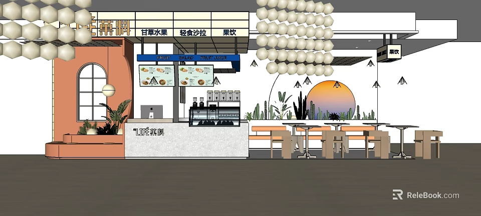 Cozy Milk Tea Shop Serving Fresh Fruit Tea Rich Milk Tea With Plants Decorative Lights 3d model 
