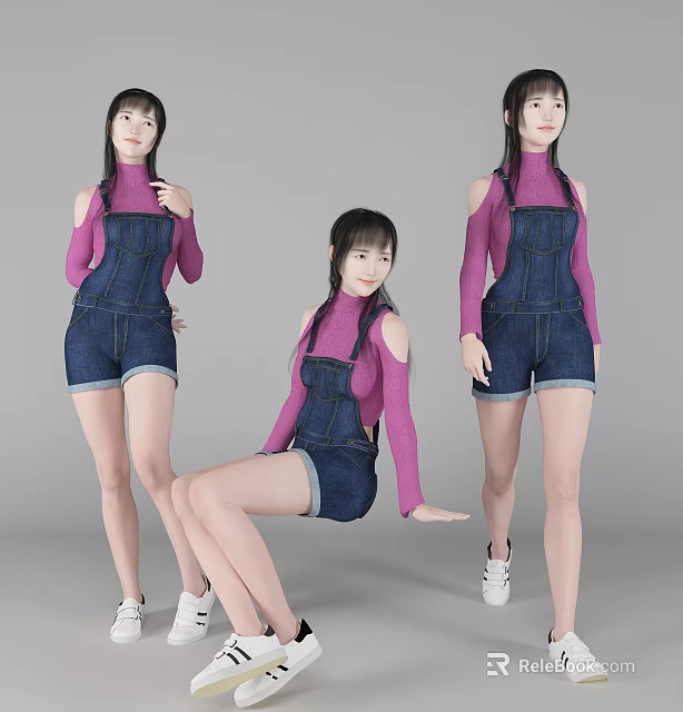 Woman In Pink Top And Denim Overalls Shorts Posing In Various Styles On Gray Background 3d model 
