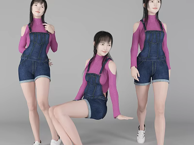 Woman In Pink Top And Denim Overalls Shorts Posing In Various Styles On Gray Background 3d model