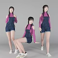 Woman In Pink Top And Denim Overalls Shorts Posing In Various Styles On Gray Background