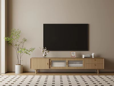 Modern Wooden TV Stand With Black TV Decorative Items And Green Plant In Living Room 3d model