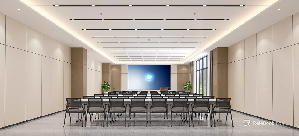 Modern Conference Room Interior With Long Table Chairs Large Screen And Ceiling Lighting 3d model