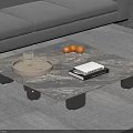 Square Marble Patterned Coffee Table with Tray Glass Cups Oranges and Book on Top 3d model