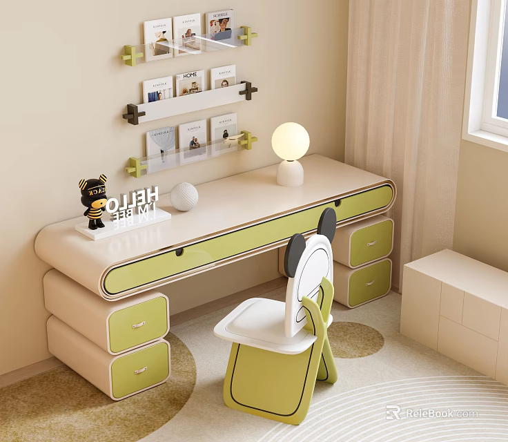 Light Green and White Desk Chair Set with Drawers Table Lamp and Toy near Window 3d model 