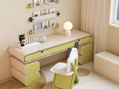 Light Green and White Desk Chair Set with Drawers Table Lamp and Toy near Window 3d model