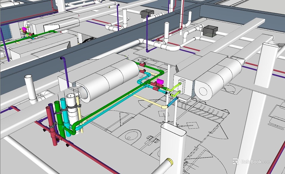 Industrial Pipe System Layout With Colored Pipes And Equipment Installation 3d model 